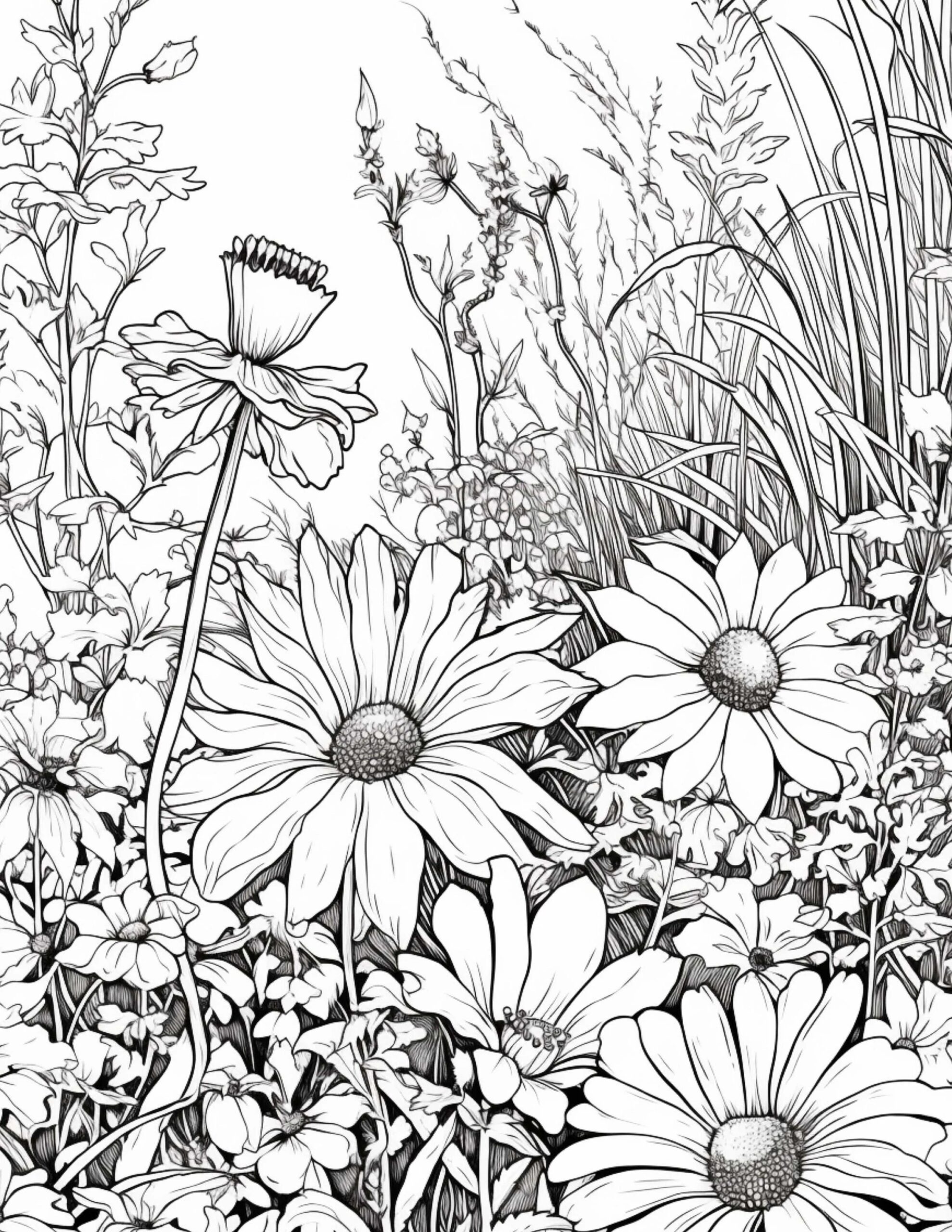 17 Grayscale Delightful Wildflower Coloring Flower Coloring Pages Printable PDF Coloring Book Page AI Generated Image Etsy