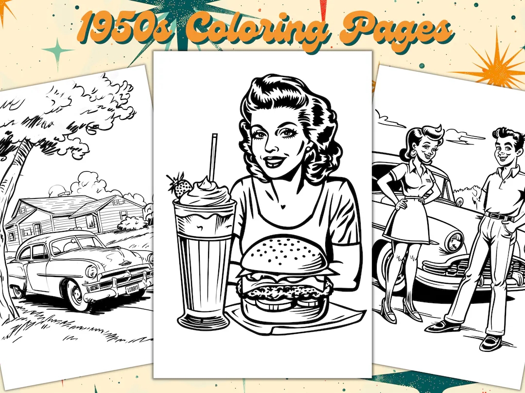 1950s Retro Coloring Pages sheets Kids teens adults Instant Download Printable 10 Page Coloring Book 50s Retro Iconic Classic Decade Etsy