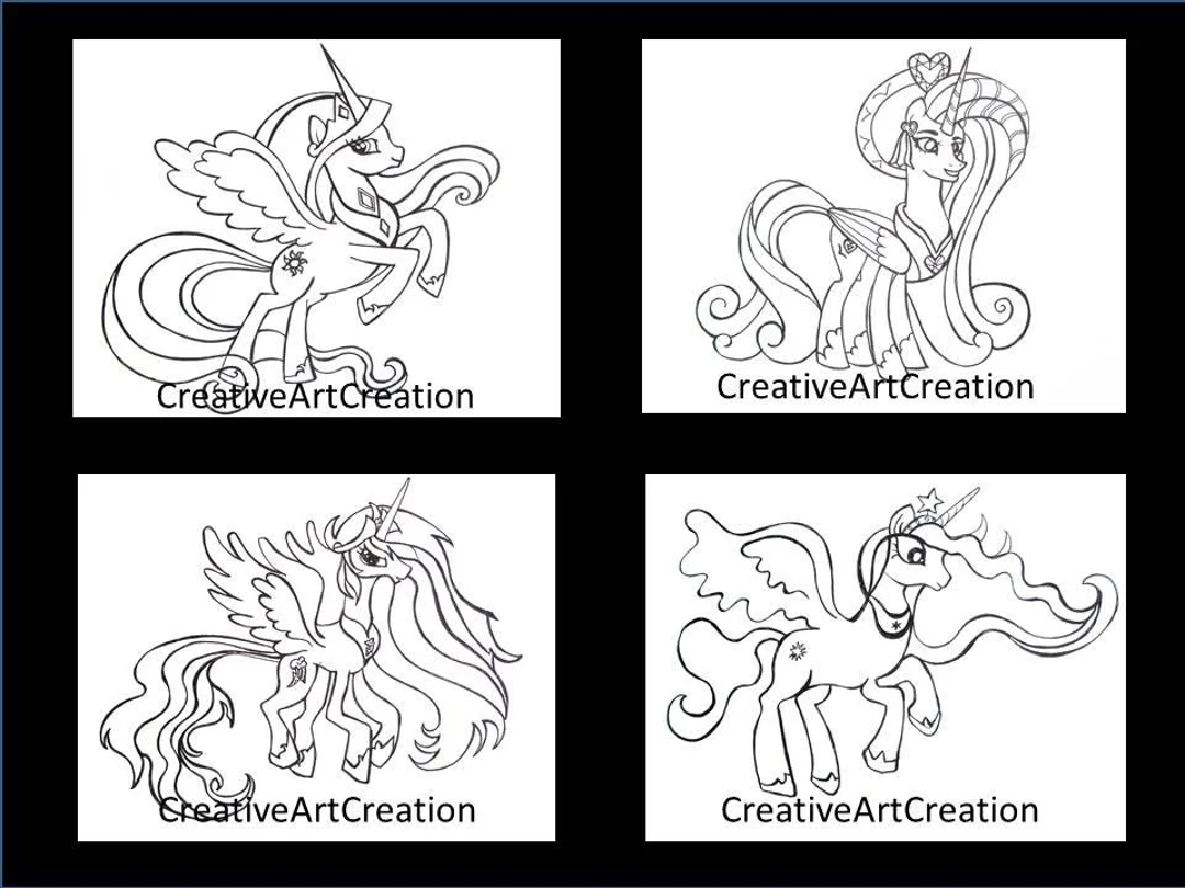4 Pack My Little Pony Coloring Pages Book Cadence Princess Celestia Rainbow Dash Twilight Sparkle Printable Digital Artwork Instant Download Etsy Norway