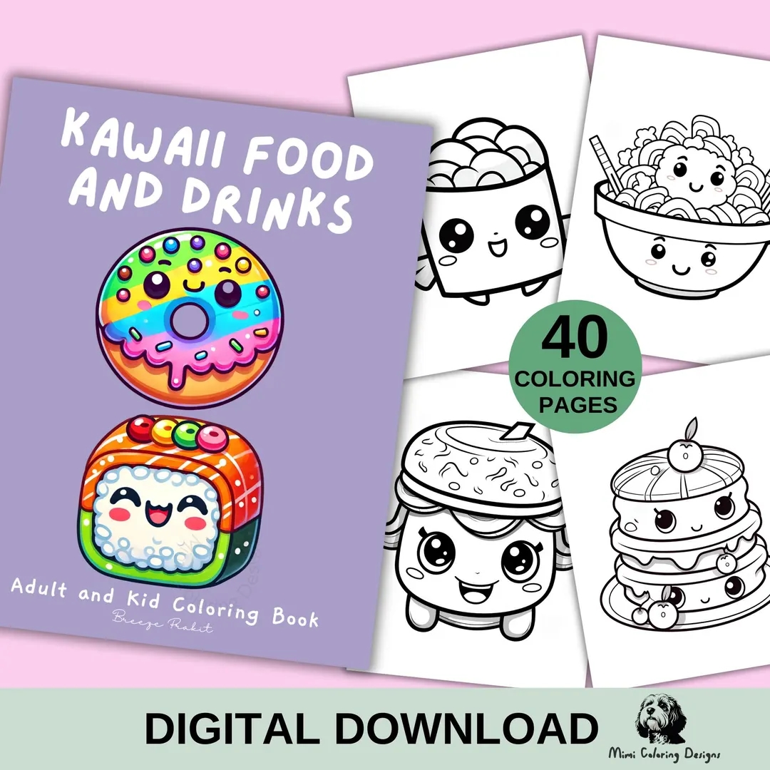 40 Kawaii Food And Drinks Coloring Pages For Adults And Kids Printable Coloring Book Kawaii Coloring Digital Download Etsy