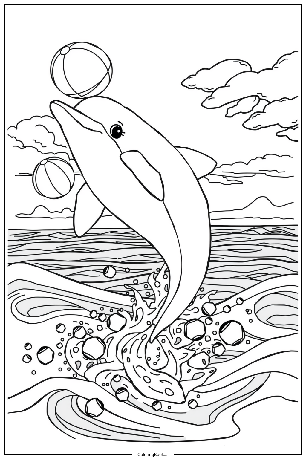 A Dolphin Playing With A Beach Ball Coloring Page Free PDF PNG Printable 
