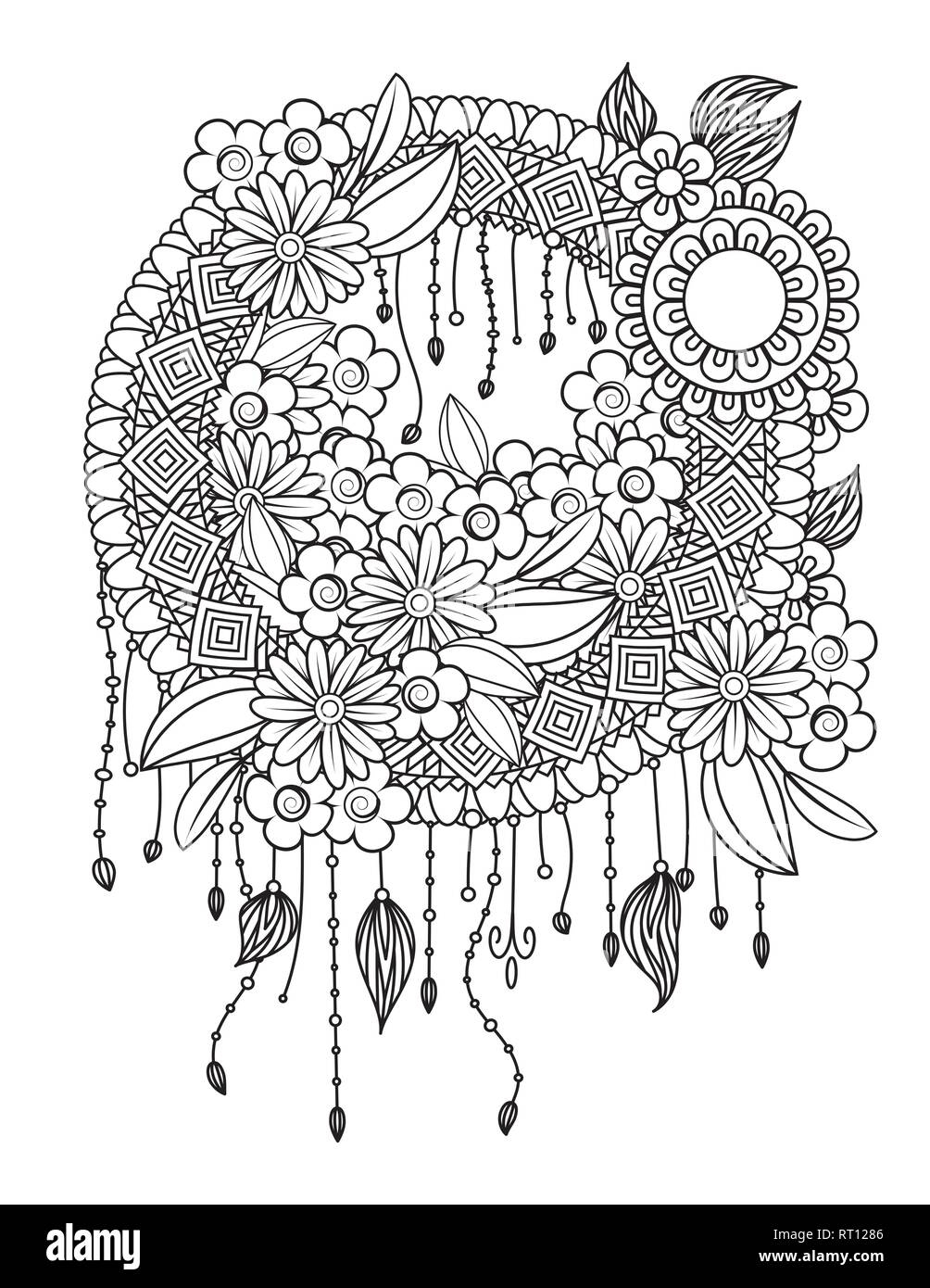 Adult Coloring Page With Dreamcatcher With Feathers And Flowers Native American Indian Talisman Black And White Doodle Ornament Isolated On White Background Stock Vector Image Art Alamy