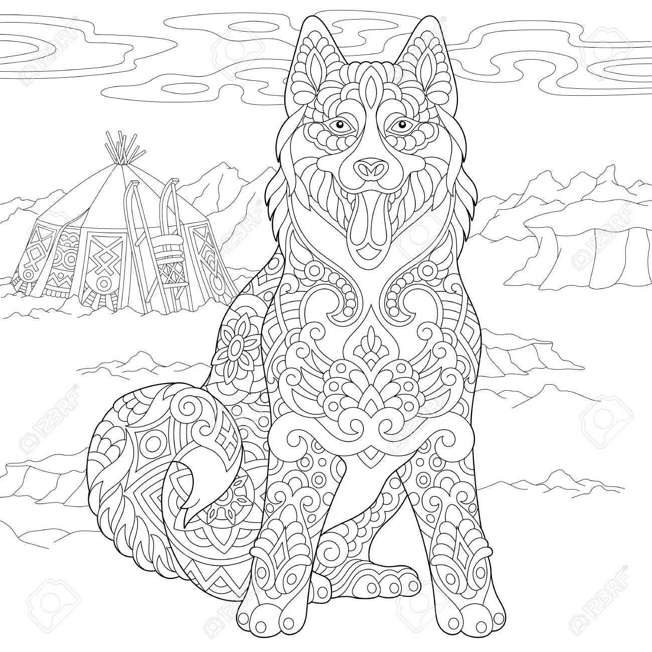 Alaskan Malamute Or Siberian Husky Eskimo Dog Coloring Page Adult Coloring Book Idea Anti stress Freehand Sketch Drawing With Doodle Elements Vector Illustration Royalty Free SVG Cliparts Vectors And Stock Illustration Image 99781932 