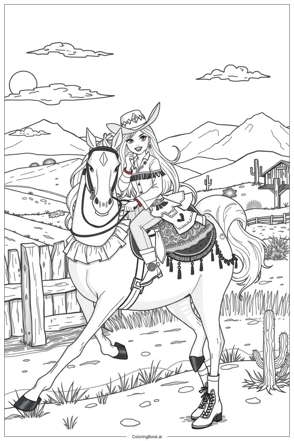 Barbie Cowgirl Riding A Horse Coloring Page Free PDF PNG Printable 
