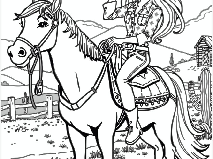 Barbie Cowgirl Riding A Horse Coloring Page Free PDF PNG Printable