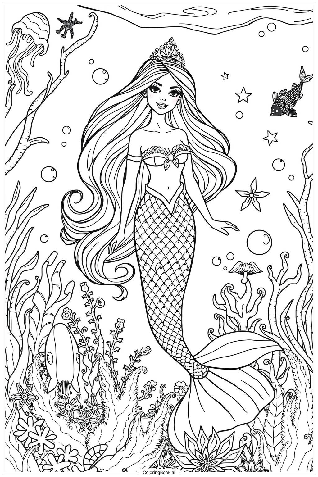Barbie Mermaid Adventure Coloring Page Free PDF PNG Printable 