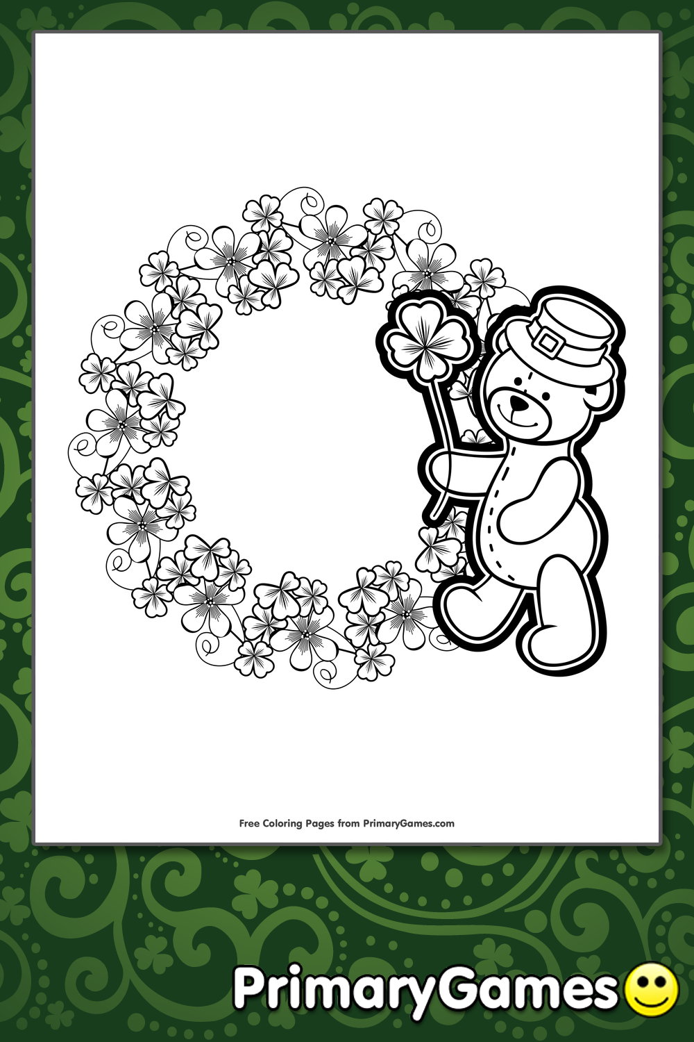 Bear With Shamrock Wreath Coloring Page FREE Printable PDF From PrimaryGames