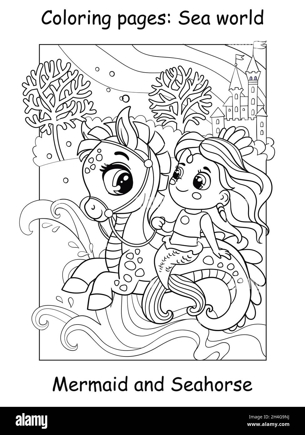 Beauty Cute Mermaid Rides A Seahorse Coloring Book Page For Children Vector Cartoon Illustration Isolated On White Background For Coloring Book Ed Stock Vector Image Art Alamy