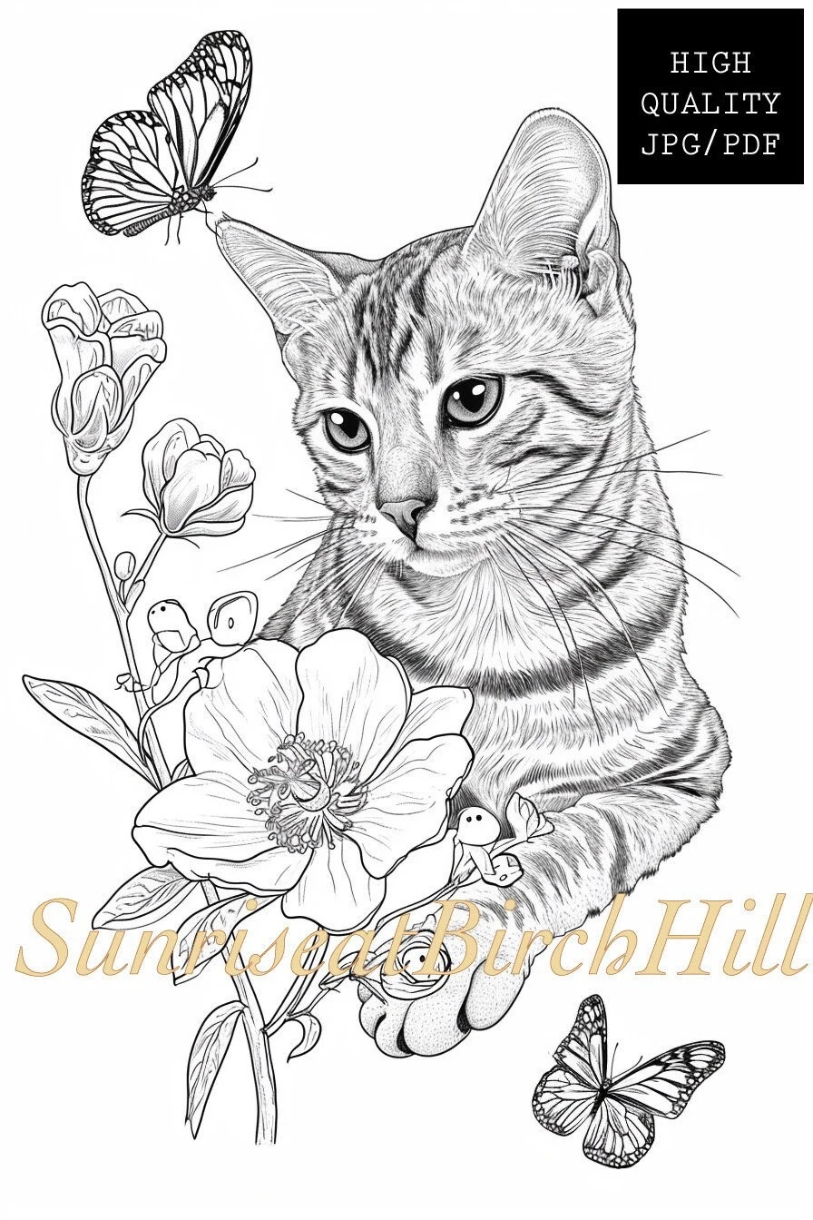 Bengal Cat Coloring Page sheet Adult Printable Coloring Page Pet Bengal Kitten Breed Butterfly Flowers Insta Download Mental Health Etsy