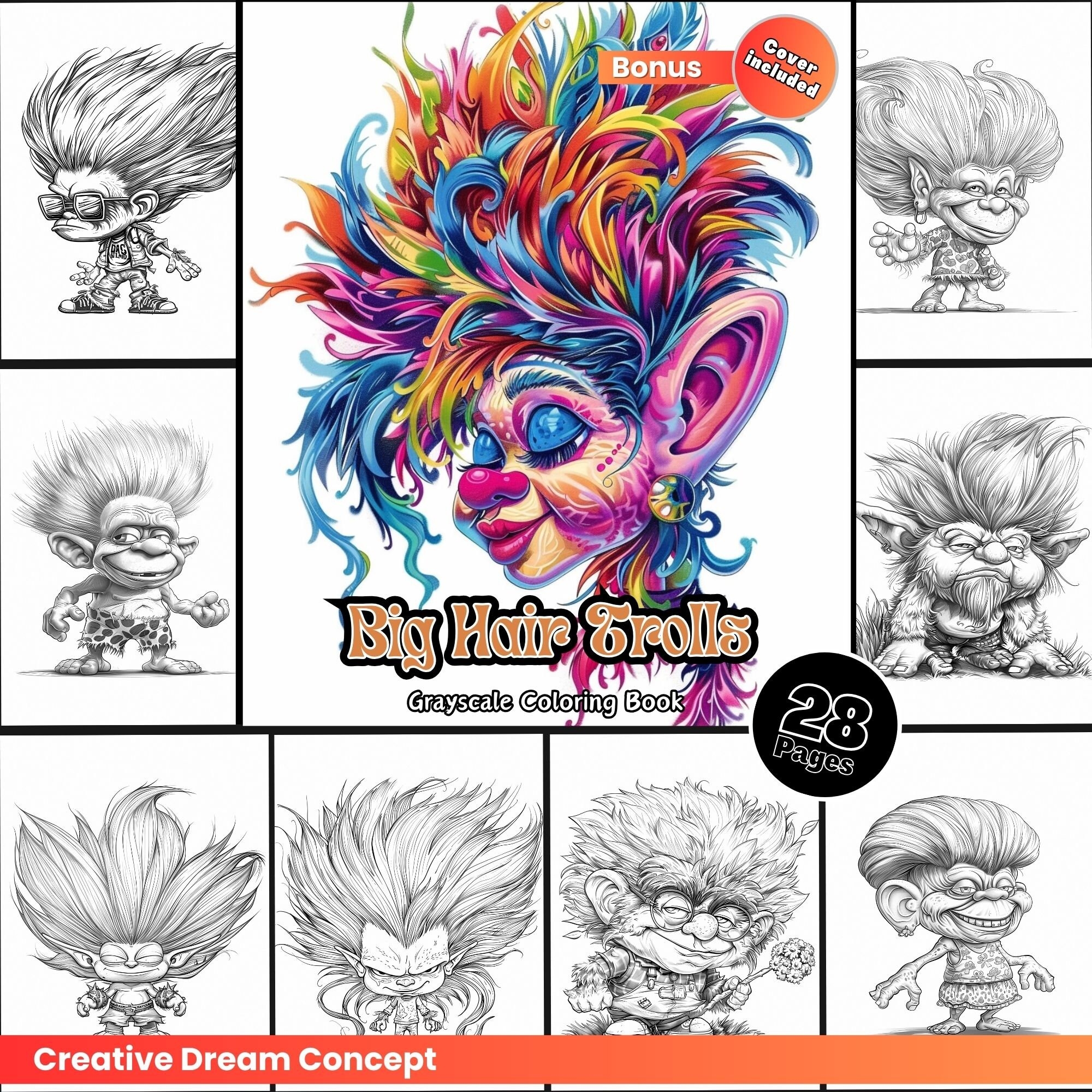 Big Hair Trolls Coloring Page For Adults Cute Fantasy Coloring Book For Relaxing Printable PDF Instant Download Coloring Page Etsy