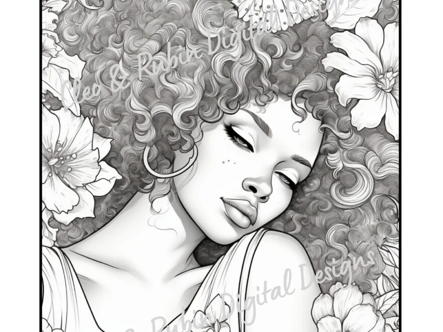 Black Woman Floral Adult Coloring Page Beautiful Black Woman Fantasy Portrait Afro Girls Printable PDF Coloring Pages Instant Download Etsy