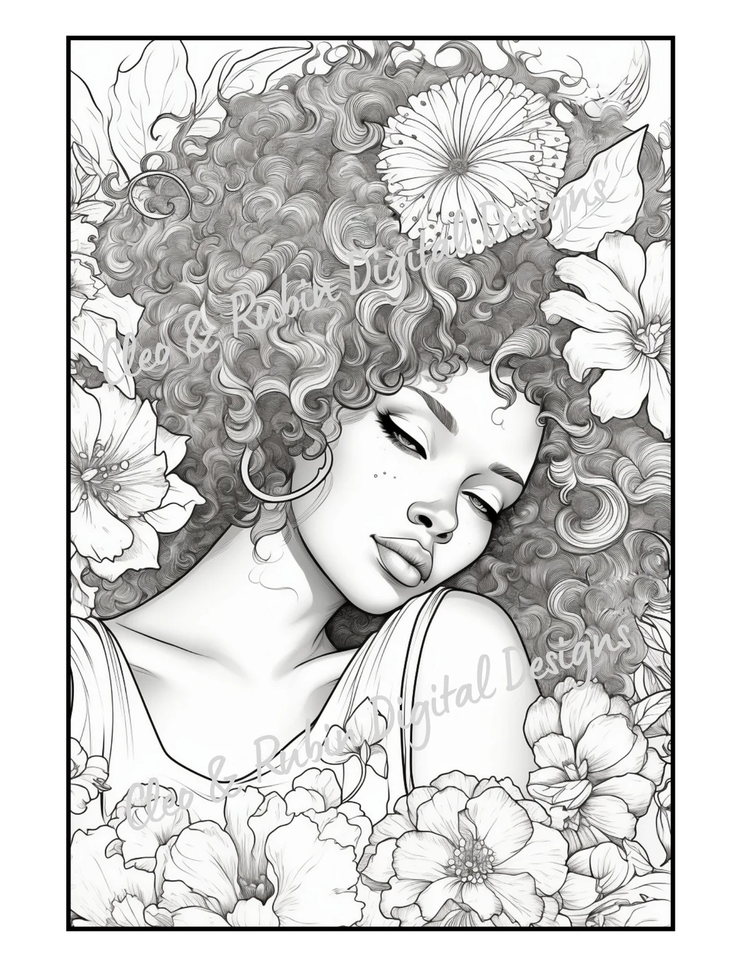Black Woman Floral Adult Coloring Page Beautiful Black Woman Fantasy Portrait Afro Girls Printable PDF Coloring Pages Instant Download Etsy