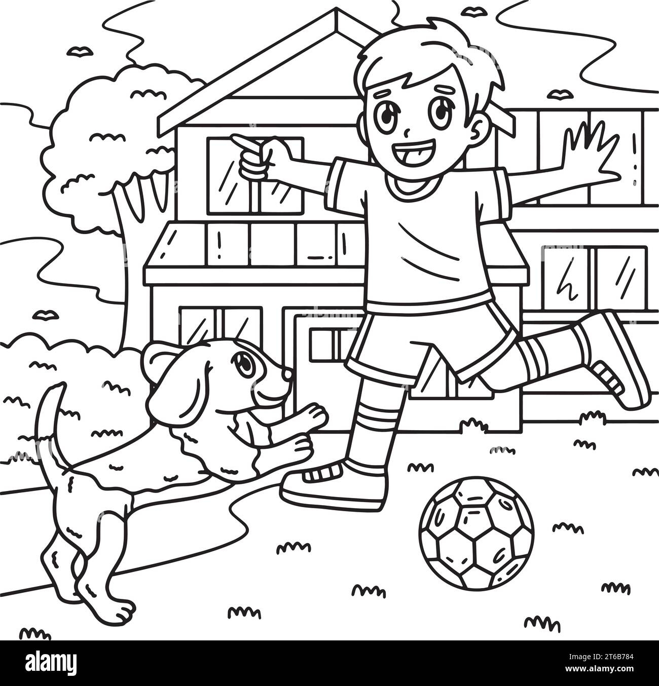 Boy And Dog Playing Soccer Coloring Page For Kids Stock Vector Image Art Alamy