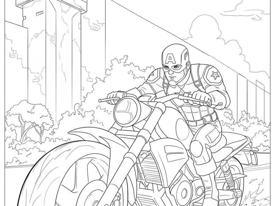 Captain America Motorcycle Chase Scene Coloring Page Free PDF PNG Printable