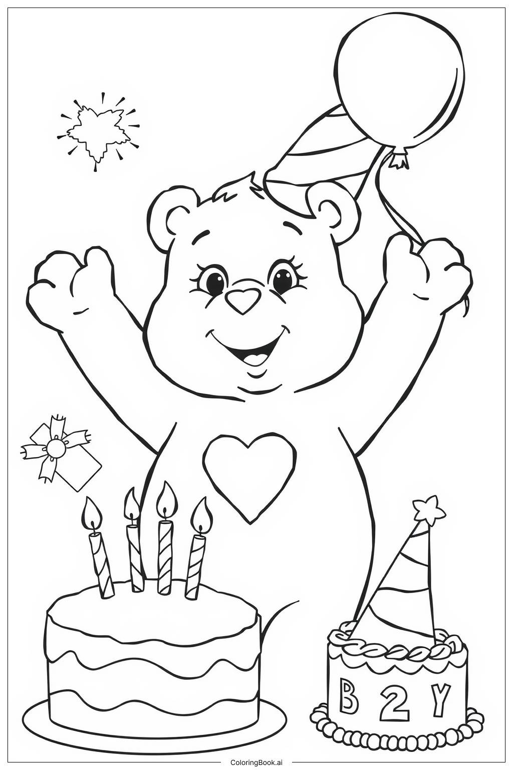 Care Bear Celebrating A Birthday Party Coloring Page Free PDF PNG Printable 