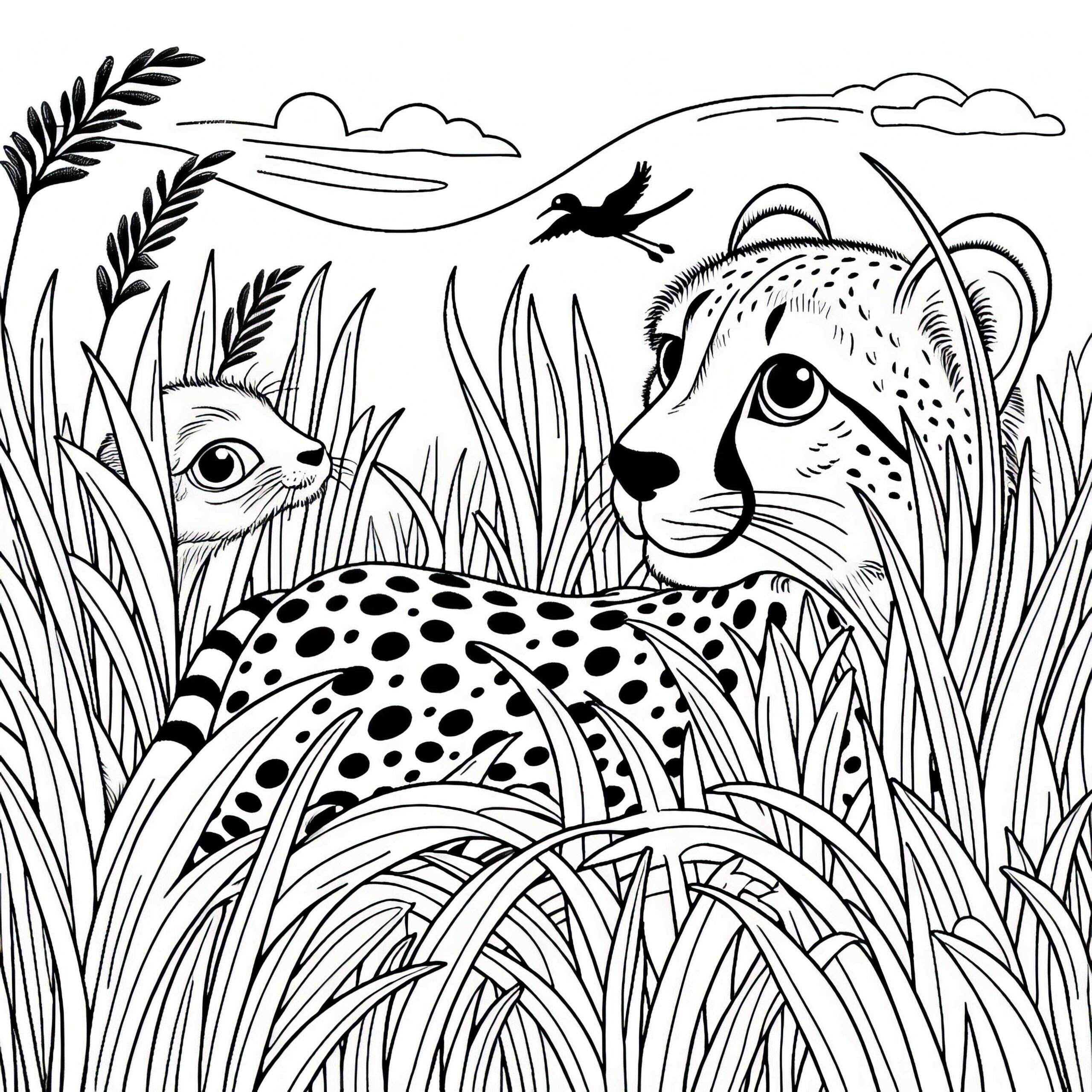 Cheetah Observing Prey Simple Coloring Template Free 