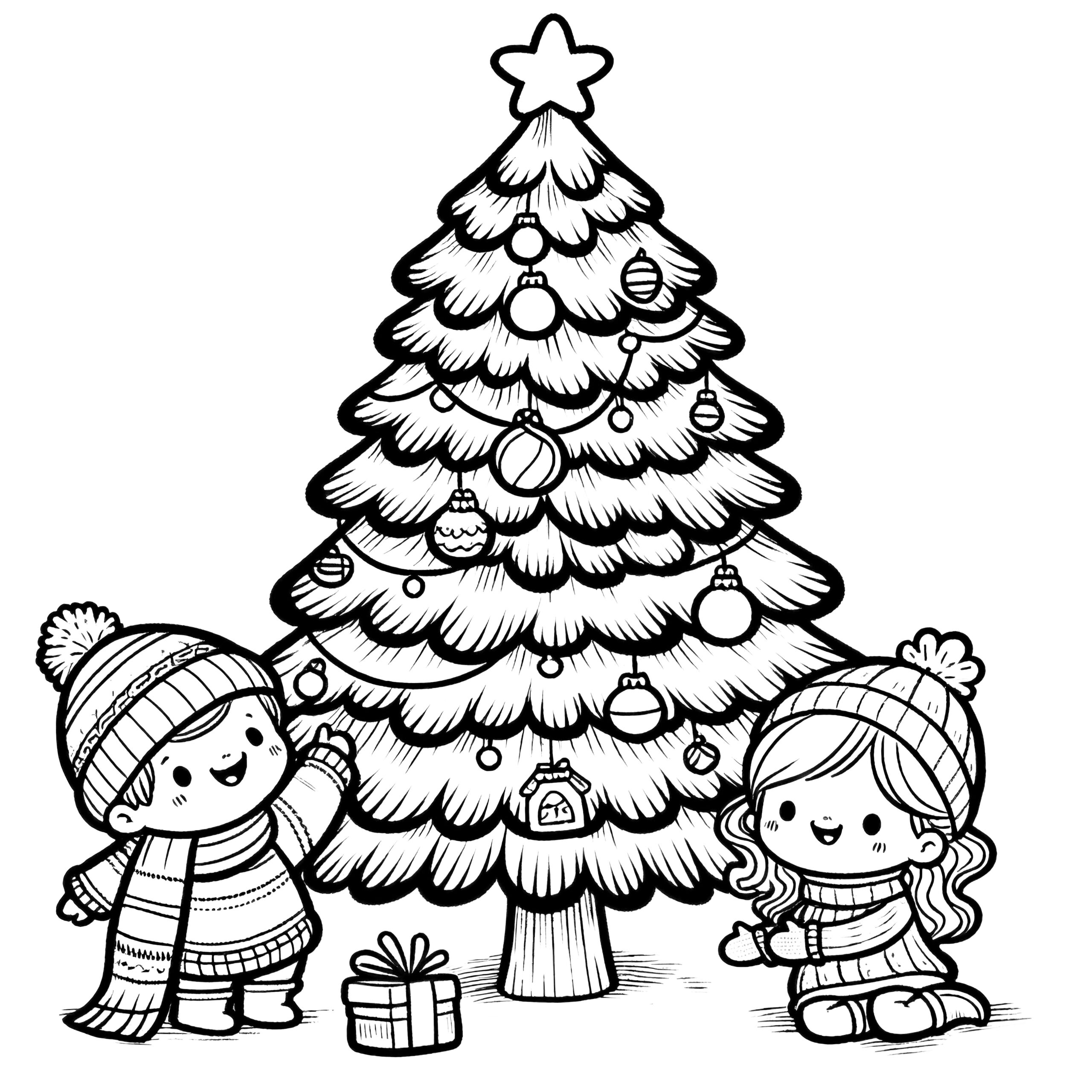 Christmas Tree With Two Children Free Coloring Page