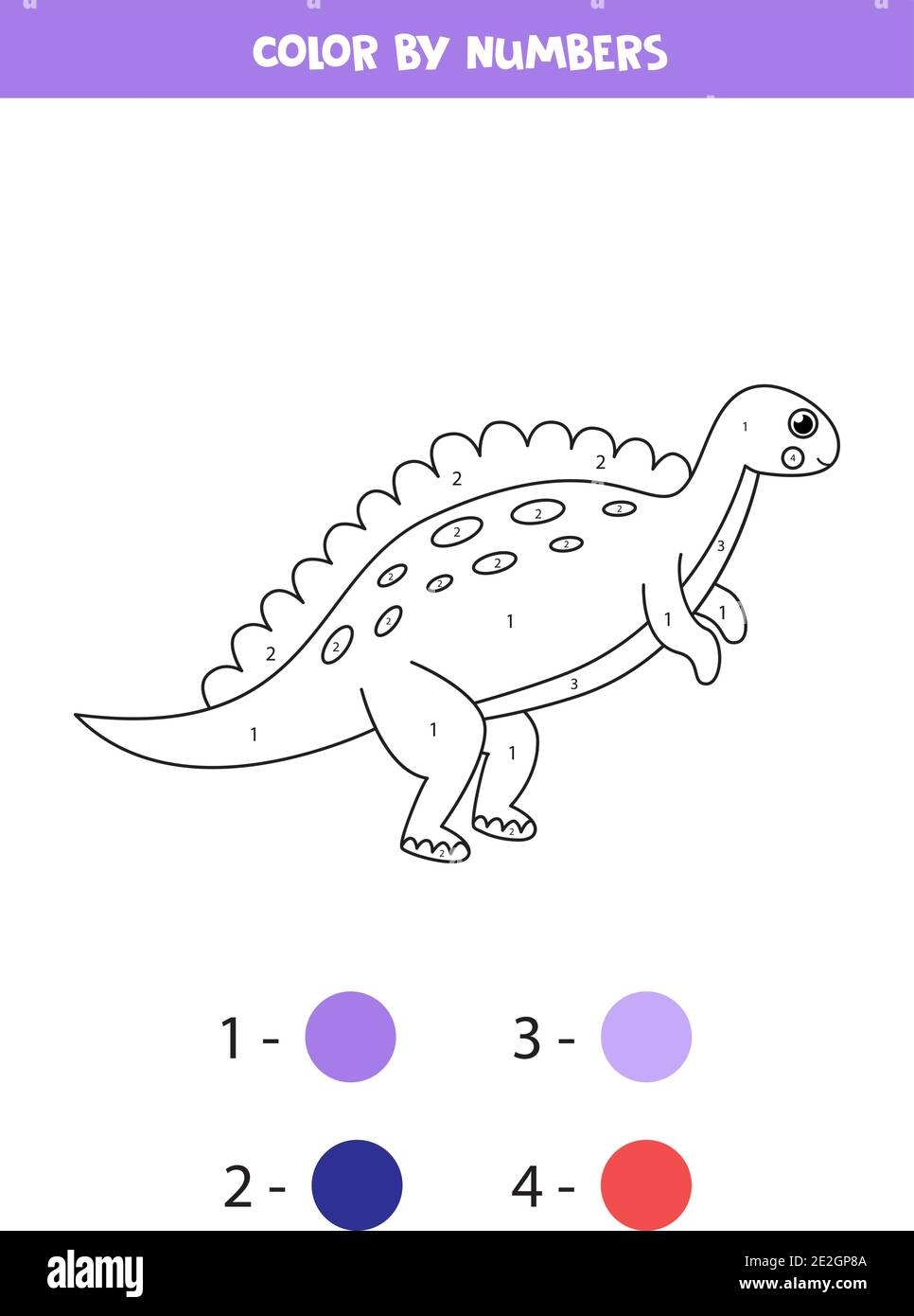 Color Cute Cartoon Dinosaur By Numbers Coloring Page For Kids Stock Vector Image Art Alamy