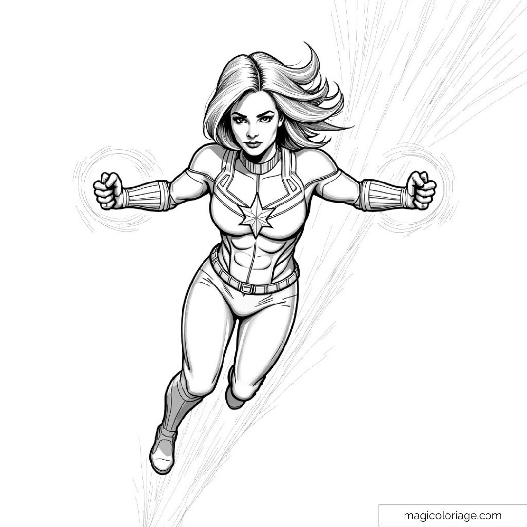 Coloring Of Captain Marvel In Flight Full Of Energy