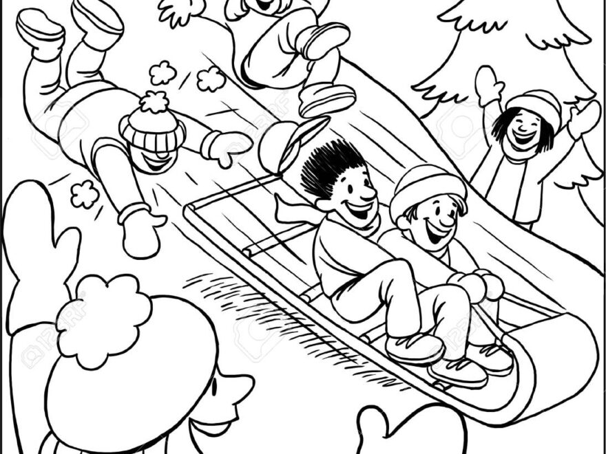 Coloring Page Of Children Sledding In Snow Stock Photo Picture And Royalty Free Image Image 126584202