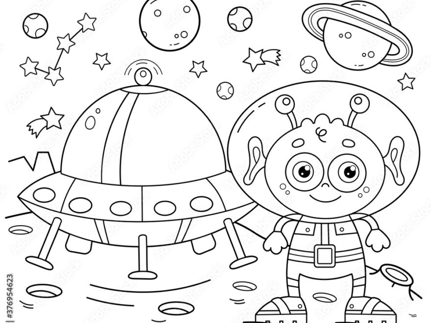 Coloring Page Outline Of A Cartoon Alien With A Flying Saucer On A Planet In Space Coloring Book For Kids Stock Vector Adobe Stock