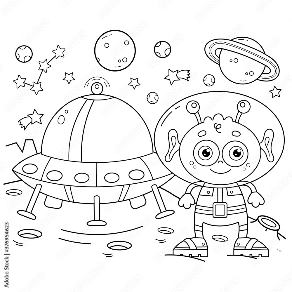 Coloring Page Outline Of A Cartoon Alien With A Flying Saucer On A Planet In Space Coloring Book For Kids Stock Vector Adobe Stock
