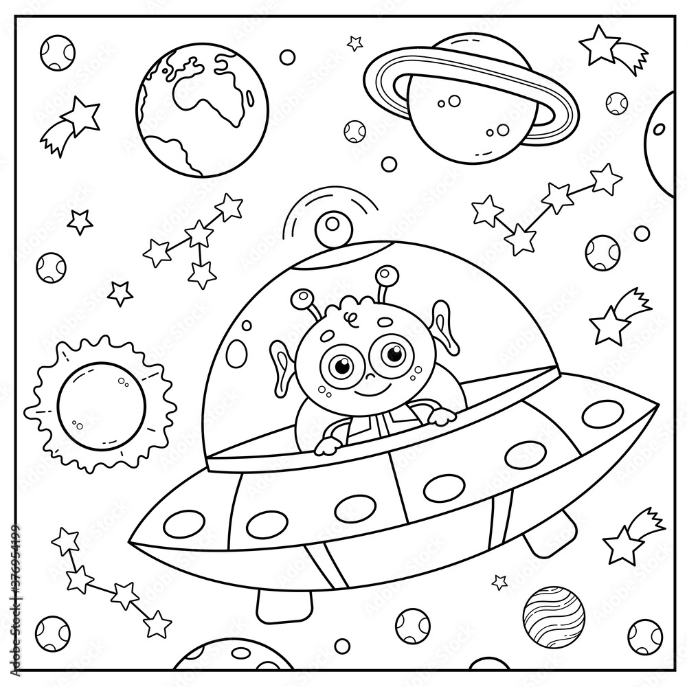 Coloring Page Outline Of A Cartoon Flying Saucer With Alien In Space Coloring Book For Kids Stock Vector Adobe Stock
