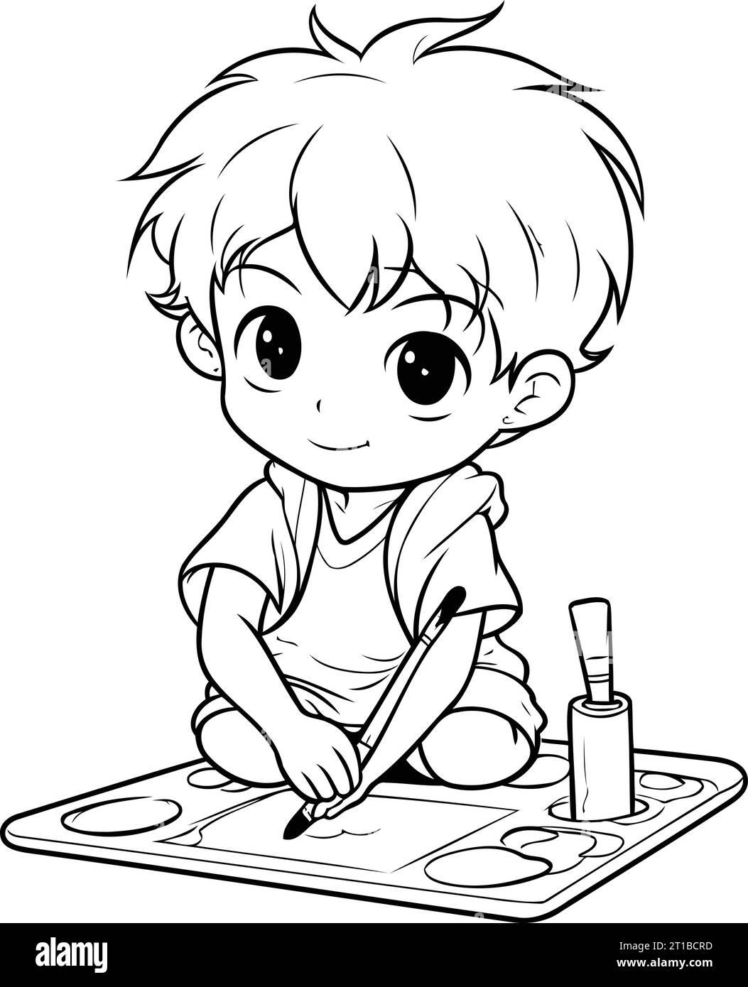 Coloring Page Outline Of A Cute Little Boy Drawing With Pencil Stock Vector Image Art Alamy