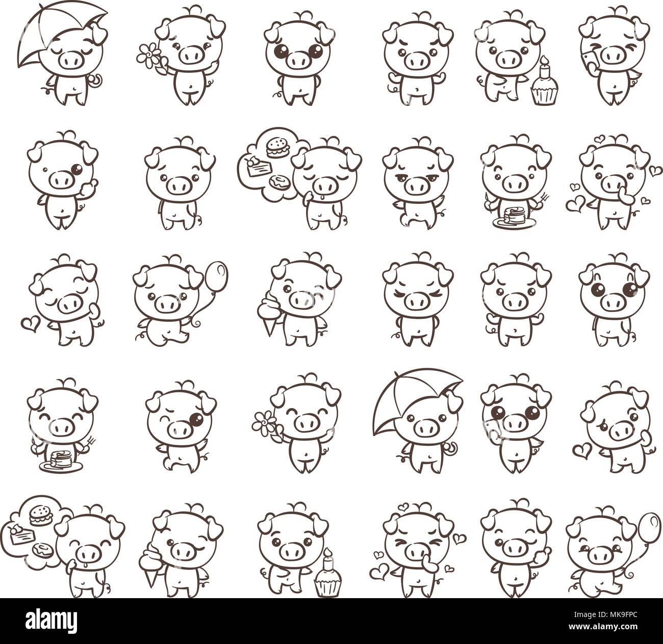Coloring Page With Collection Of Cutest Pig Character Icon Set With Different Emotions Vector Illustration For New 2019 Year Set Of Small Piggy Stock Vector Image Art Alamy
