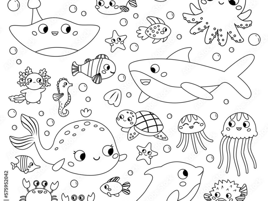 Coloring Page With Sea Animals Cute Cartoon Characters Set Ocean Fish Octopus Dolphin Shark Whale Turtle And Crab Doodle Style Outline Vector Illustration For Coloring Book Stock Vector Adobe Stock
