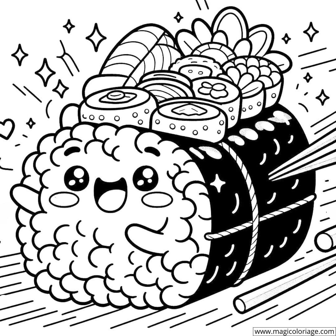 Coloring Sushi Kawaii Rolling Of Happiness Free Drawing