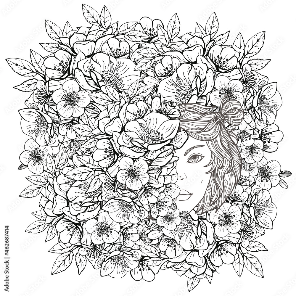 Colouring Pictures With Girl And Flower Art Therapy Coloring Page For Adults And Children Stock Vector Adobe Stock