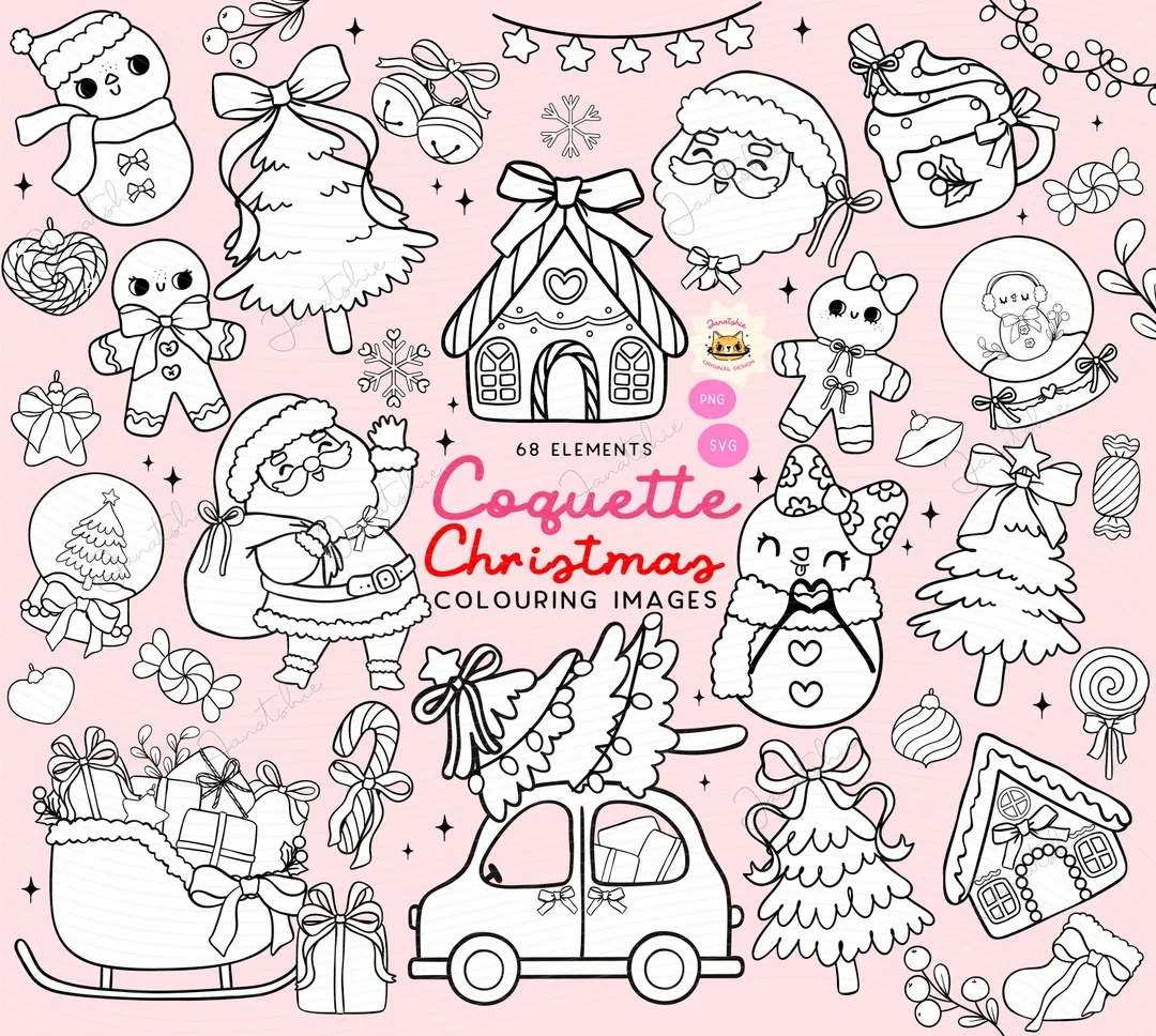 Coquette Christmas Coloring Image Preppy Retro Christmas Black And White Clipart Bundle Girly Xmas Bow For Colouring Page And Digital Stamp Etsy Australia