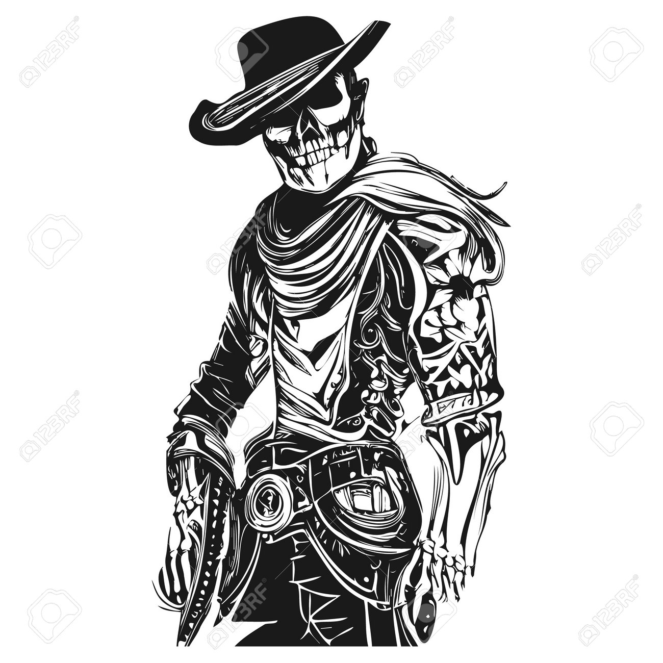 Cowboy Skeleton With Guns Tattoo Hand Drawn Vector Black And White Clip Art Royalty Free SVG Cliparts Vectors And Stock Illustration Image 194770343 