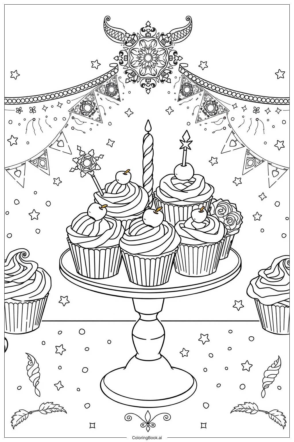 Cupcake Party Time Coloring Page Free PDF PNG Printable 