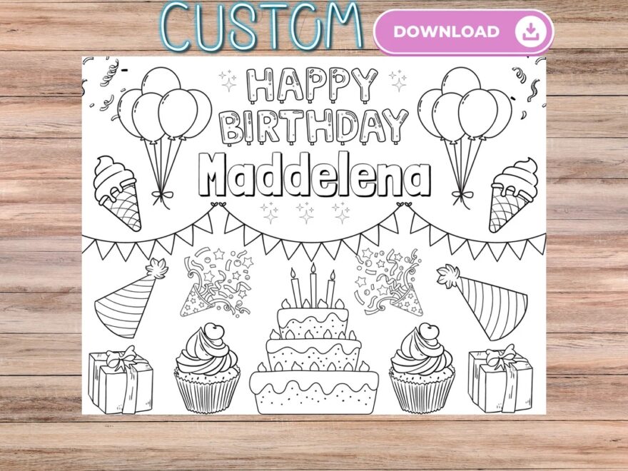 Customizable Birthday Coloring Pages For Kids Personalized Kids Birthday Party Activity Placemat Birthday Party Coloring Sheets Cute Custom Etsy