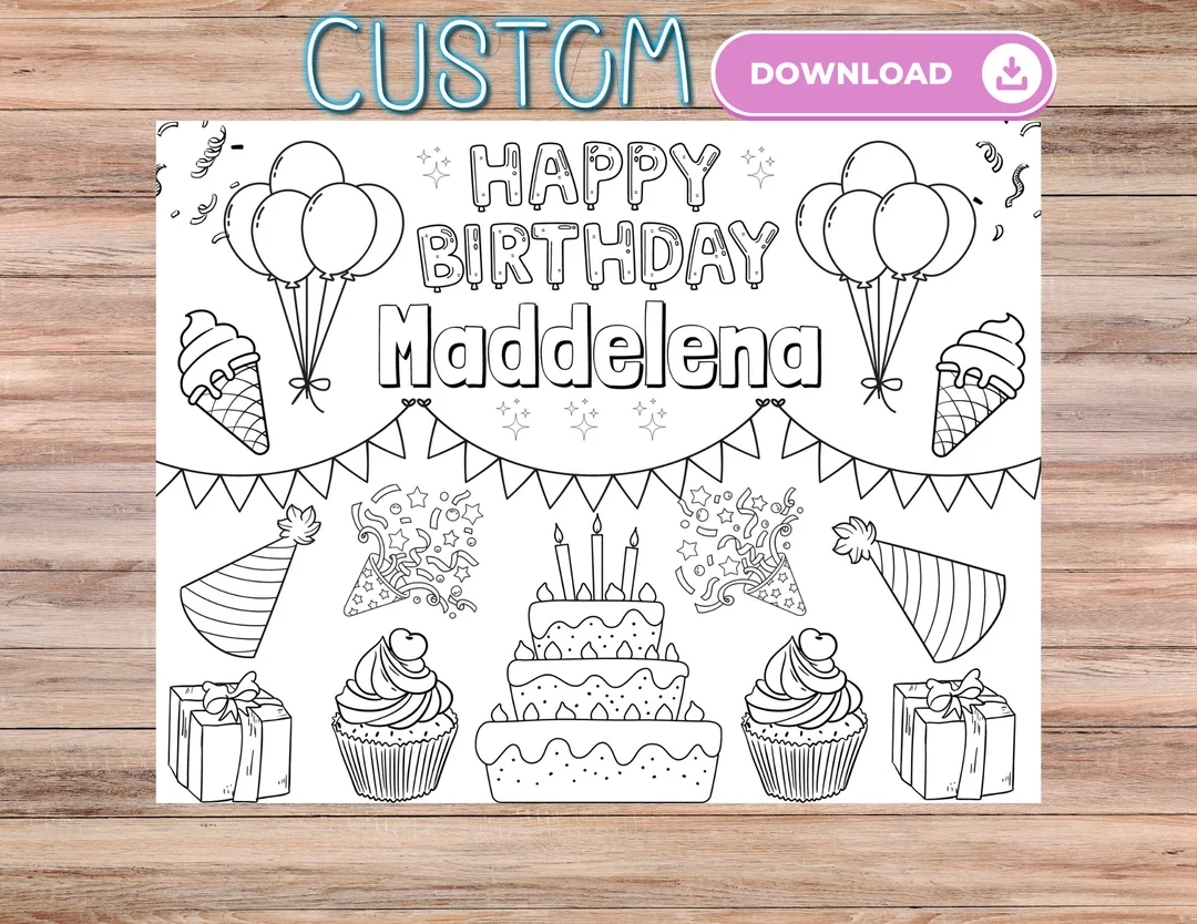Customizable Birthday Coloring Pages For Kids Personalized Kids Birthday Party Activity Placemat Birthday Party Coloring Sheets Cute Custom Etsy