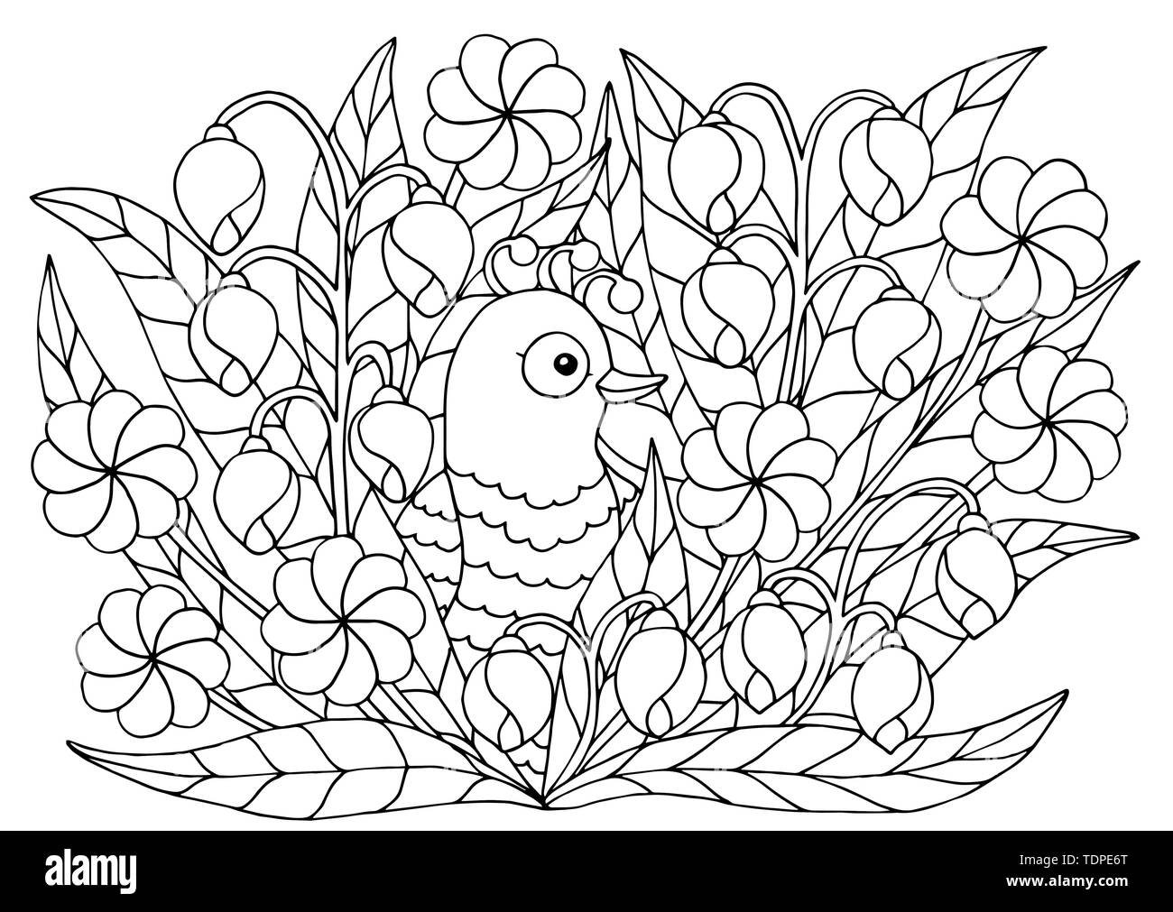 Cute Abstract Coloring Page With Summer Flowers And Bird For Kids And Adults Stock Vector Image Art Alamy