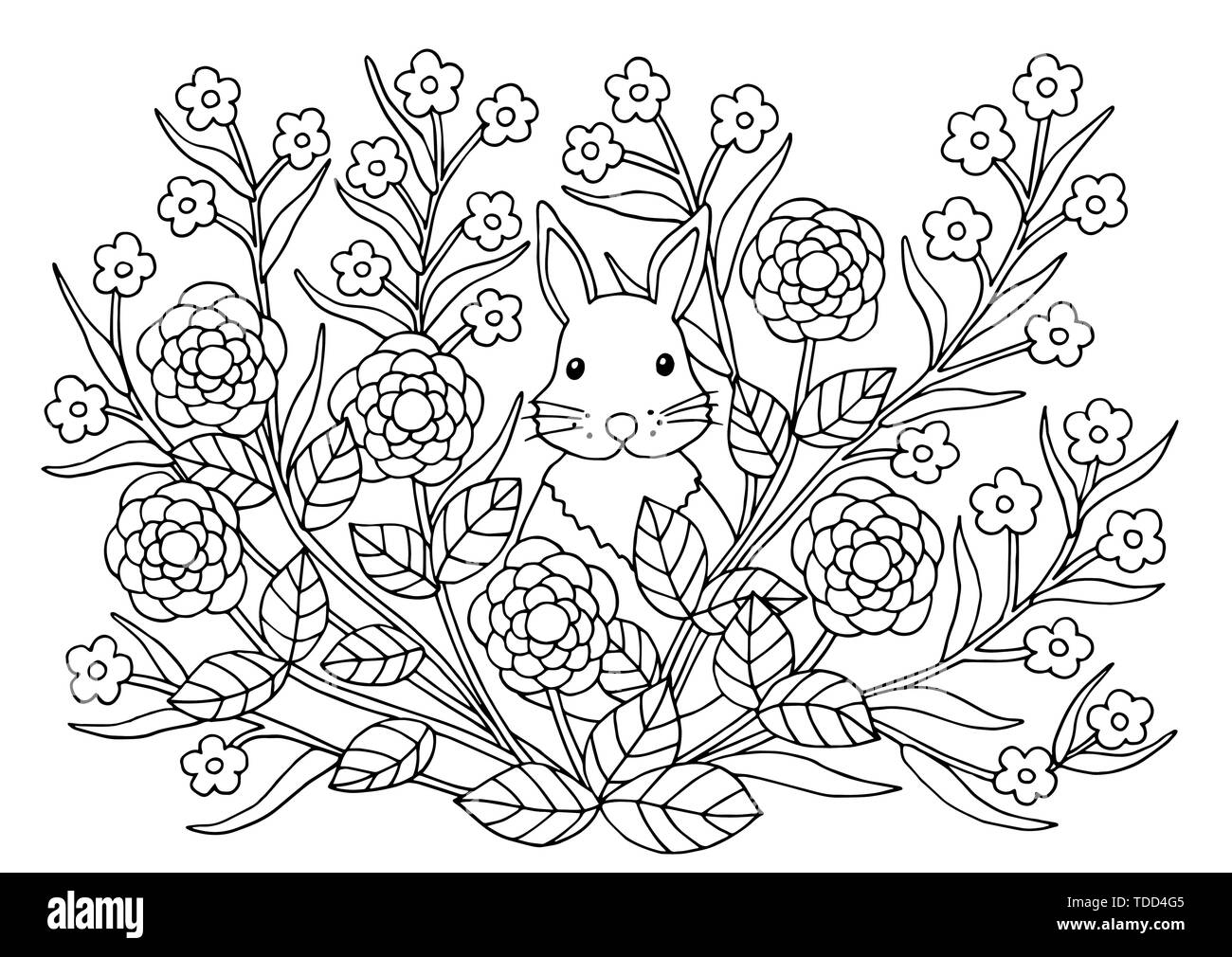 Cute Abstract Coloring Page With Summer Flowers And Rabbit For Kids And Adults Stock Vector Image Art Alamy