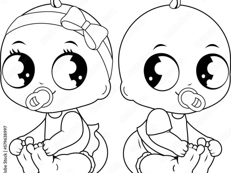 Cute Babies A Baby Girl And A Baby Boy Vector Black And White Coloring Page Stock Vector Adobe Stock