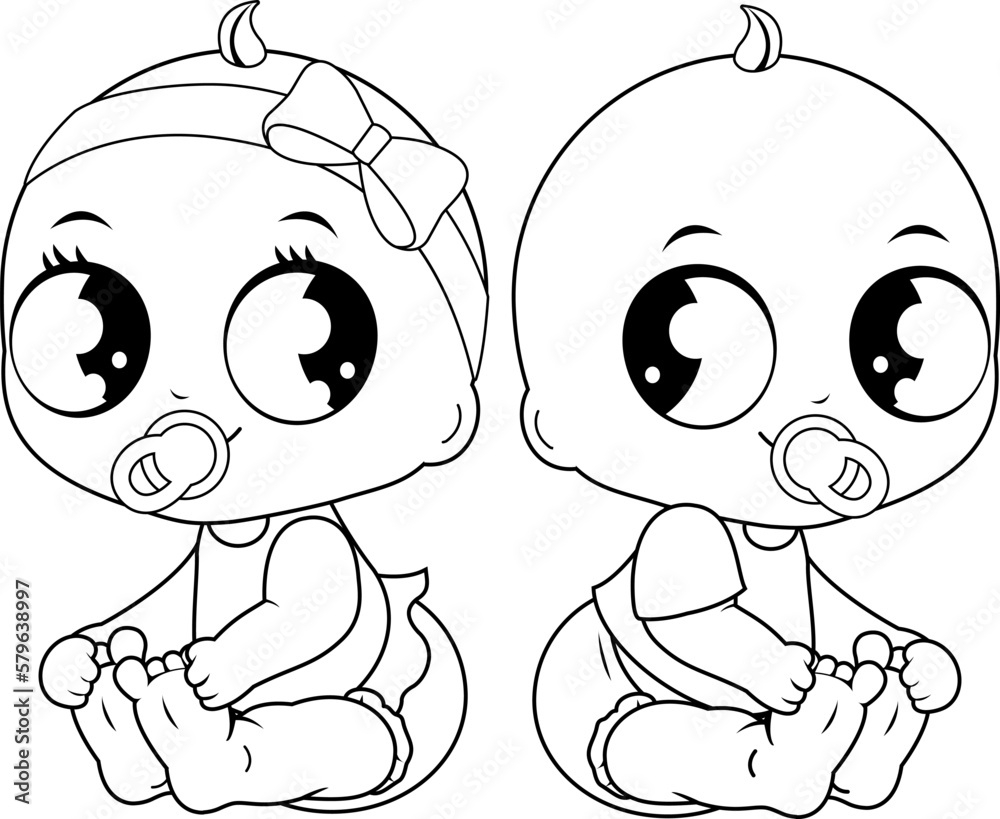 Cute Babies A Baby Girl And A Baby Boy Vector Black And White Coloring Page Stock Vector Adobe Stock
