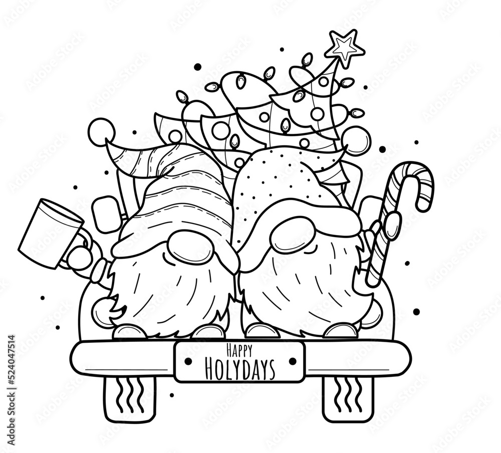 Cute Cartoon Christmas Gnomes On Truck For Coloring Book Line Art Design For Kids Coloring Page Coloring Page Outline Stock Vector Adobe Stock