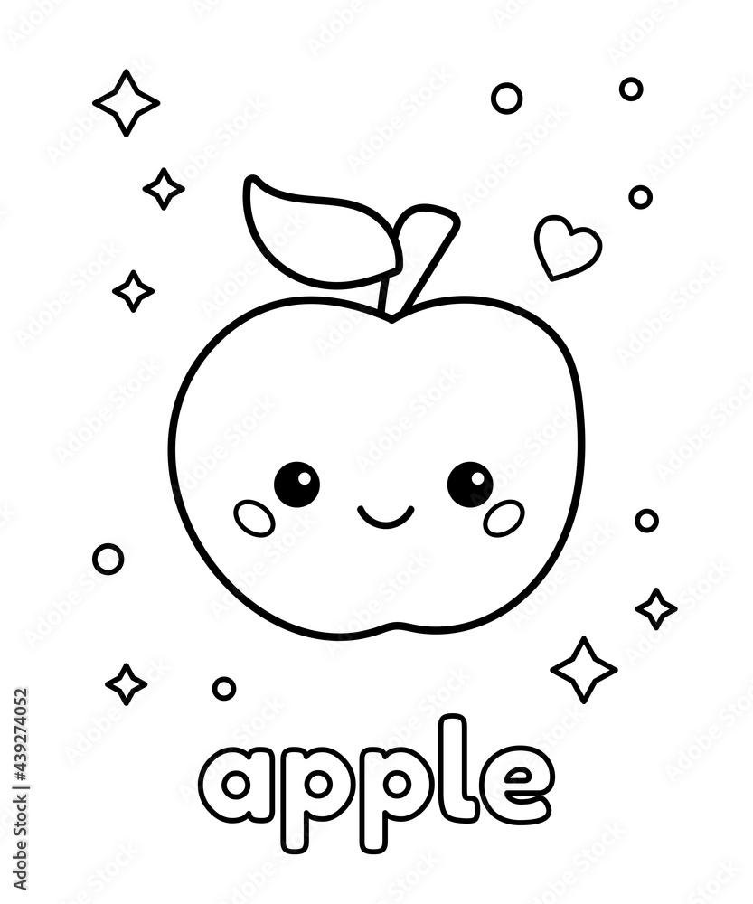 Cute Cartoon Kawaii Apple Coloring Page With Fruit About Healthy Food For Kids Vector Illustration Stock Vector Adobe Stock