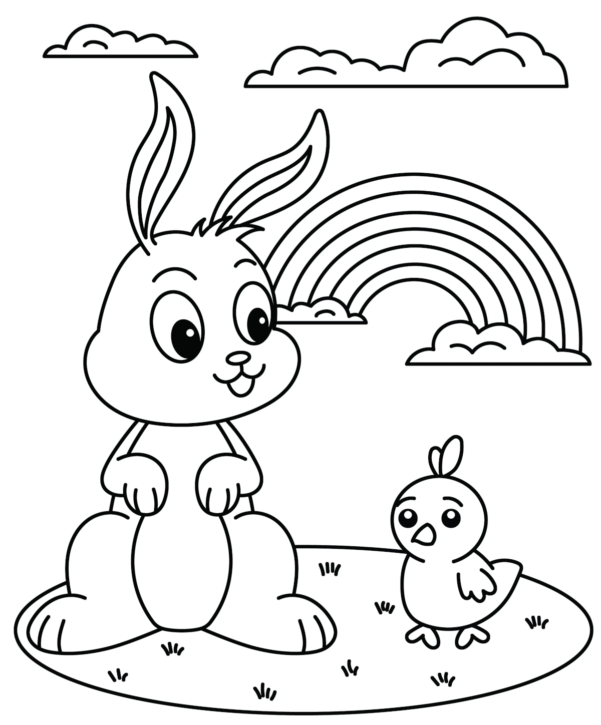 Cute Easter Bunny AndLIittle Chick Standing On The Grass With A Rainbow Behind Clipart Illustration