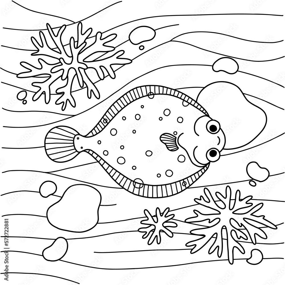 Cute Fish Coloring Page Kawaii Flounder Character Design Simple Underwater Scene Colouring Book For Kids Play And Education Activity Easy Print On Paper Stock Vector Adobe Stock
