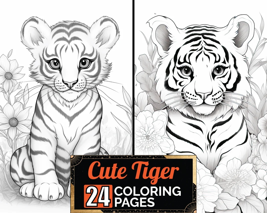 Cute Friendly Tiger Coloring Book 24 Detail Greyscale Adult Kids Animal Colouring Pages A4 Size Sheet Printable Digital PDF Download Etsy