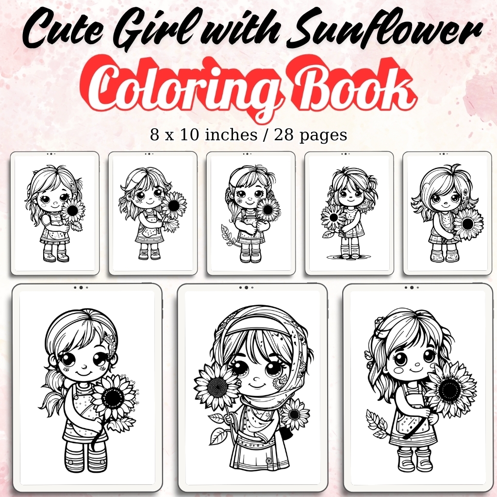 Cute Girl With Sunflower Coloring Pages Vol 1 Sheets Of Cute Girl With Sunflower Coloring Book Omnimart24h