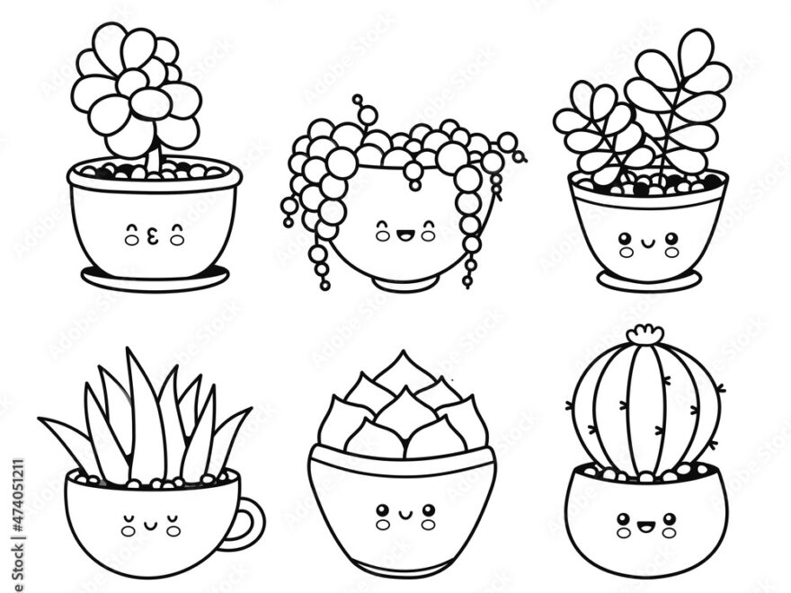Cute Happy Funny Succulents Plants cacti flower Emoji Set Collection Vector Coloring Cartoon Kawaii Character Illustration Plants Page For Coloring Book Bundle Concept Isolated On White Background Stock Vector Adobe Stock