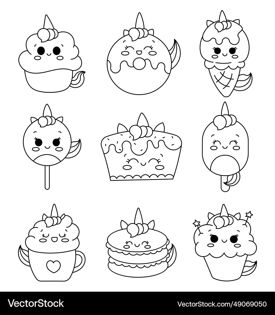 Cute Kawaii Unicorn Coloring Page Royalty Free Vector Image