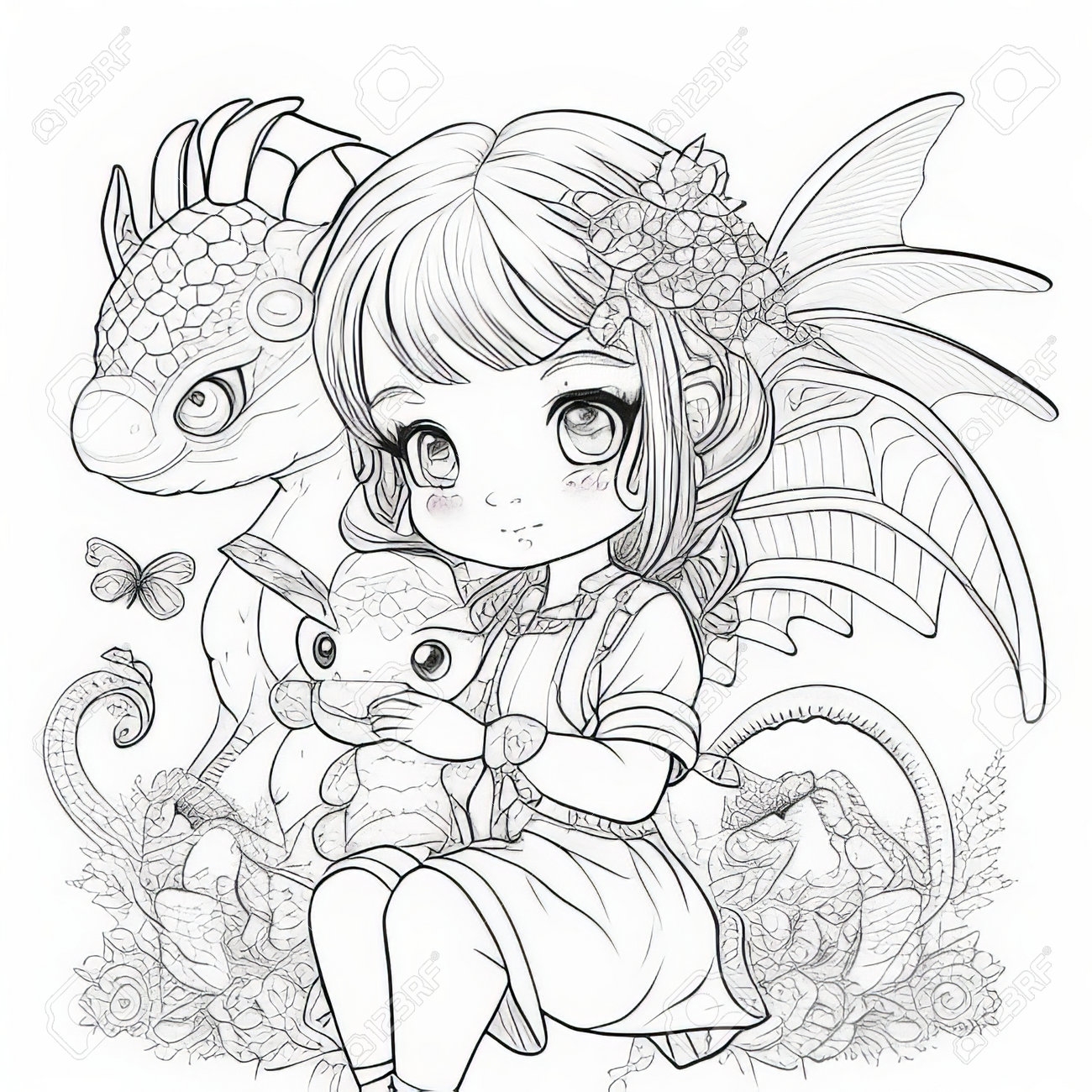 Cute Little Girl With A Dragon Coloring Book For Adults Stock Photo Picture And Royalty Free Image Image 211631010 